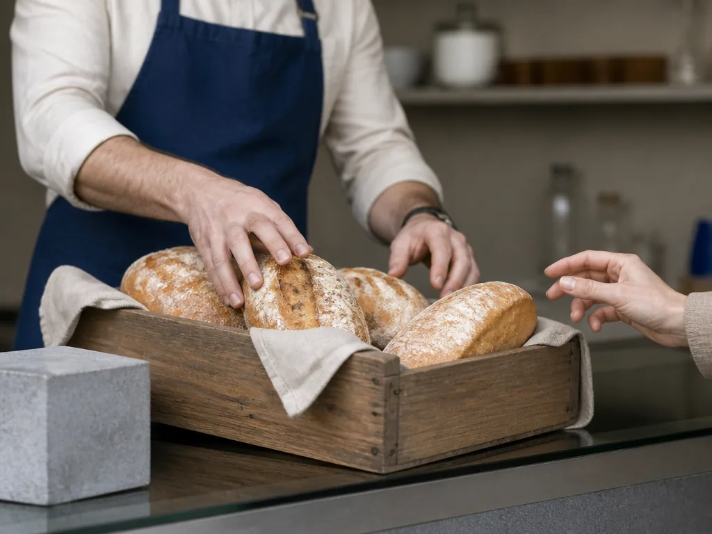 Photorealistic editorial photograph, close-up of a shopkeeper's hands arranging fresh bread in a wooden crate on a count