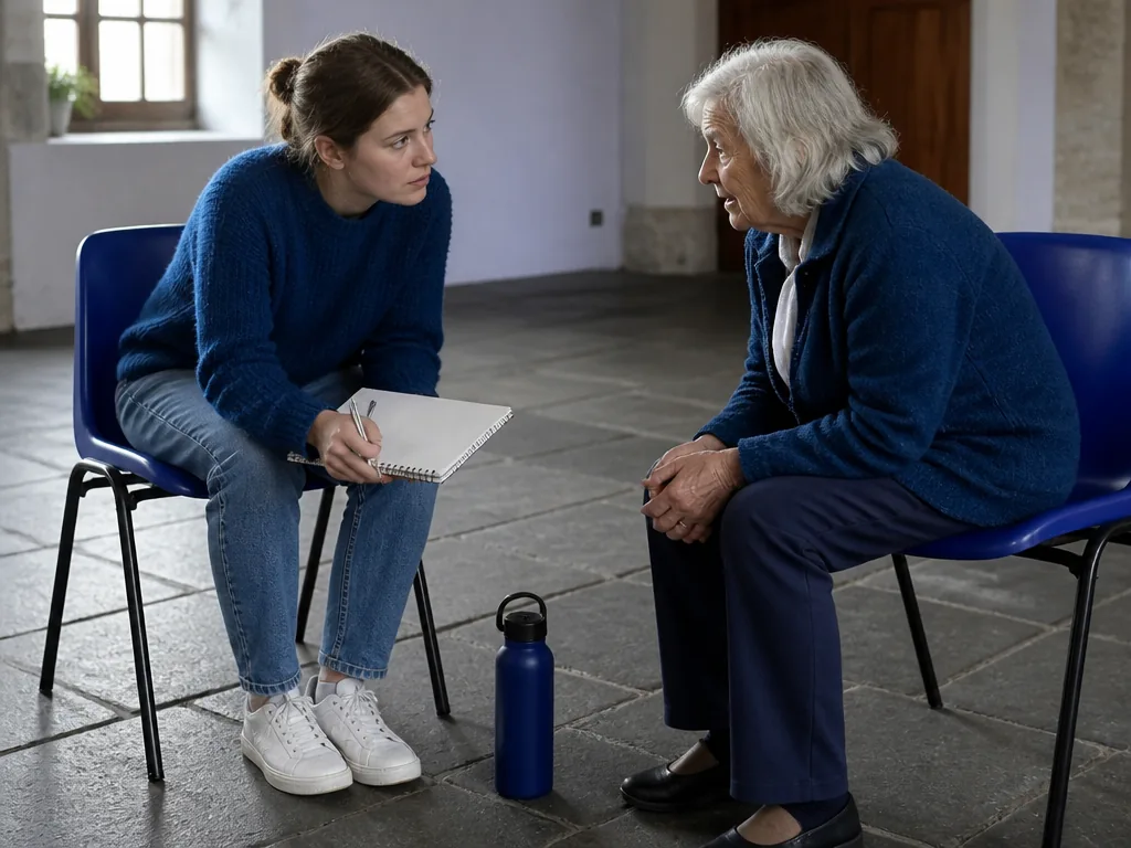 Photorealistic editorial photograph of a volunteer leaning forward, elbows on knees, listening intently to an elderly wo
