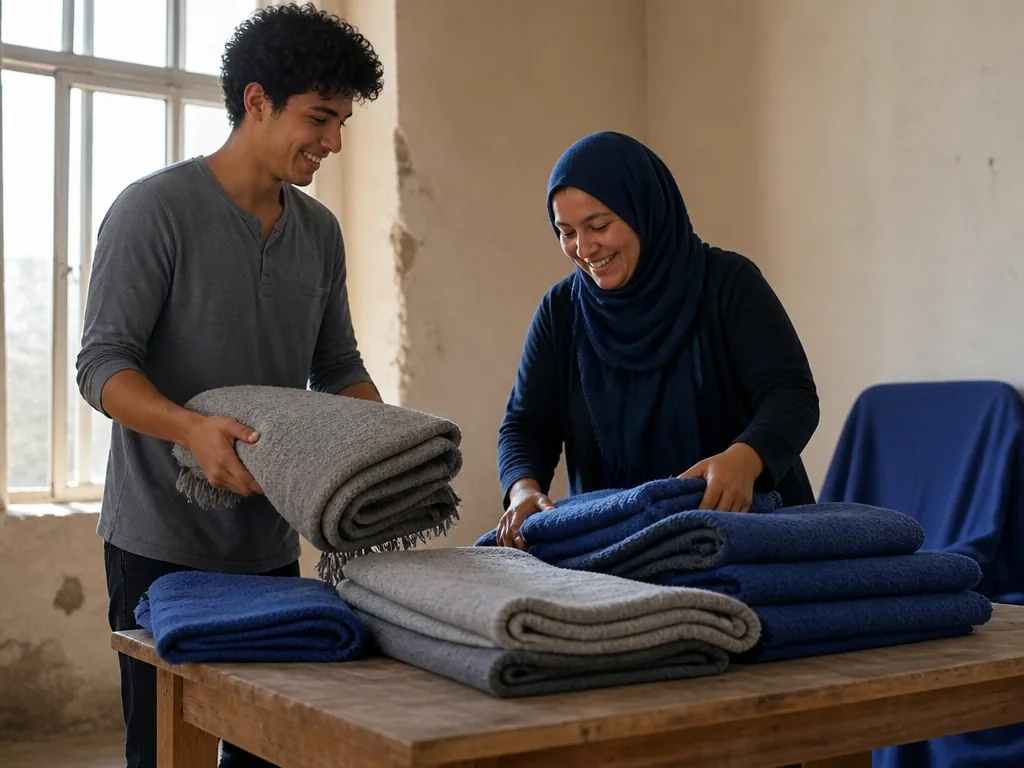 Photorealistic editorial photograph of a young man and a refugee woman sorting donated blankets and stacking them on a w