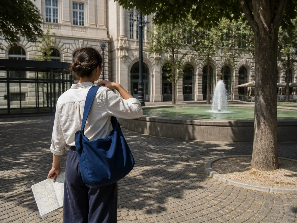 Photorealistic editorial photograph: a person adjusting a shoulder bag, viewed from behind, standing near the fountain o