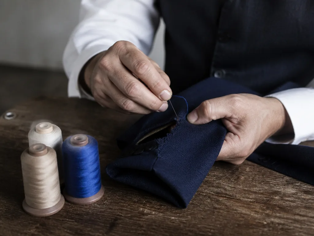 Photorealistic editorial photograph of a tailor's hands repairing a torn sleeve at a wooden workbench, spools of thread 