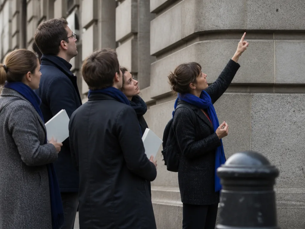 Photorealistic editorial photograph of a city guide pointing upward at an unmarked stone facade, group of listeners with