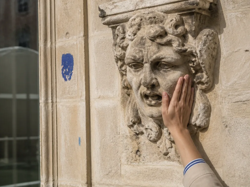 Photorealistic editorial photograph: close-up of a weathered stone mascaron on an old Bordeaux building, a person's hand