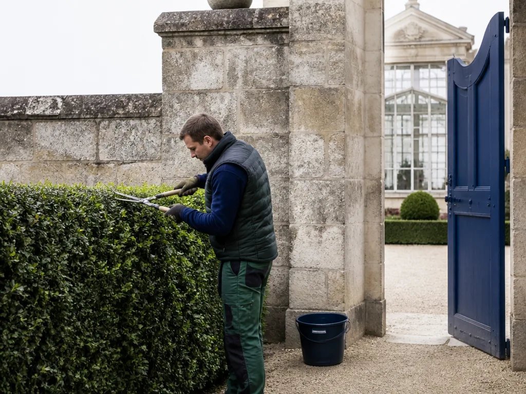Photorealistic editorial photograph of a gardener pruning a manicured hedge near a tall stone wall with a glimpse of ele