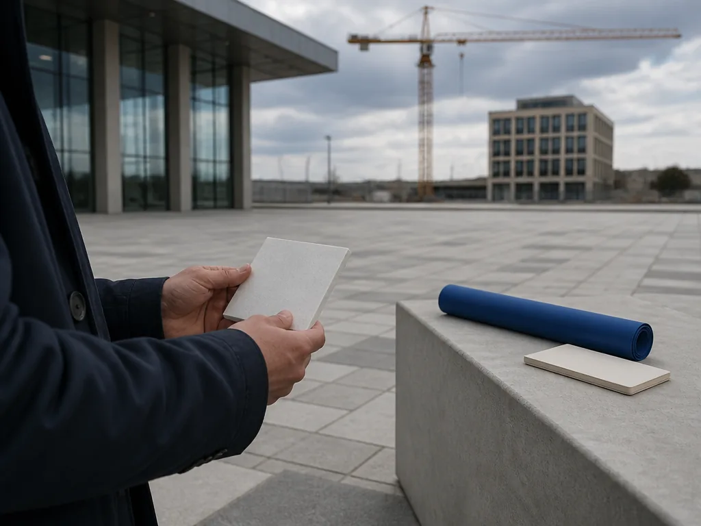 Photorealistic editorial photograph: a city planner’s hands holding a blank material sample, standing near a new concret