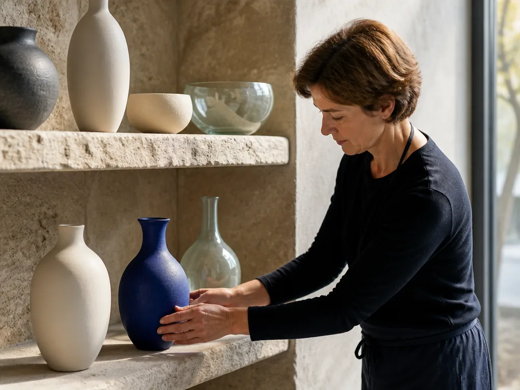 Photorealistic editorial photograph: shopkeeper arranging handmade ceramic vases on a stone shelf, warm window light cas