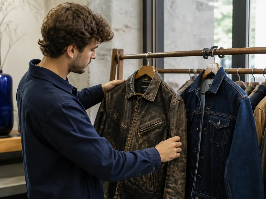 Photorealistic editorial photograph: customer comparing a worn leather jacket and a crisp new denim jacket on a wooden r