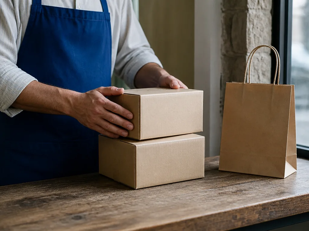 Photorealistic editorial photograph of a shopkeeper’s hands stacking blank cardboard boxes on a worn wooden counter, one