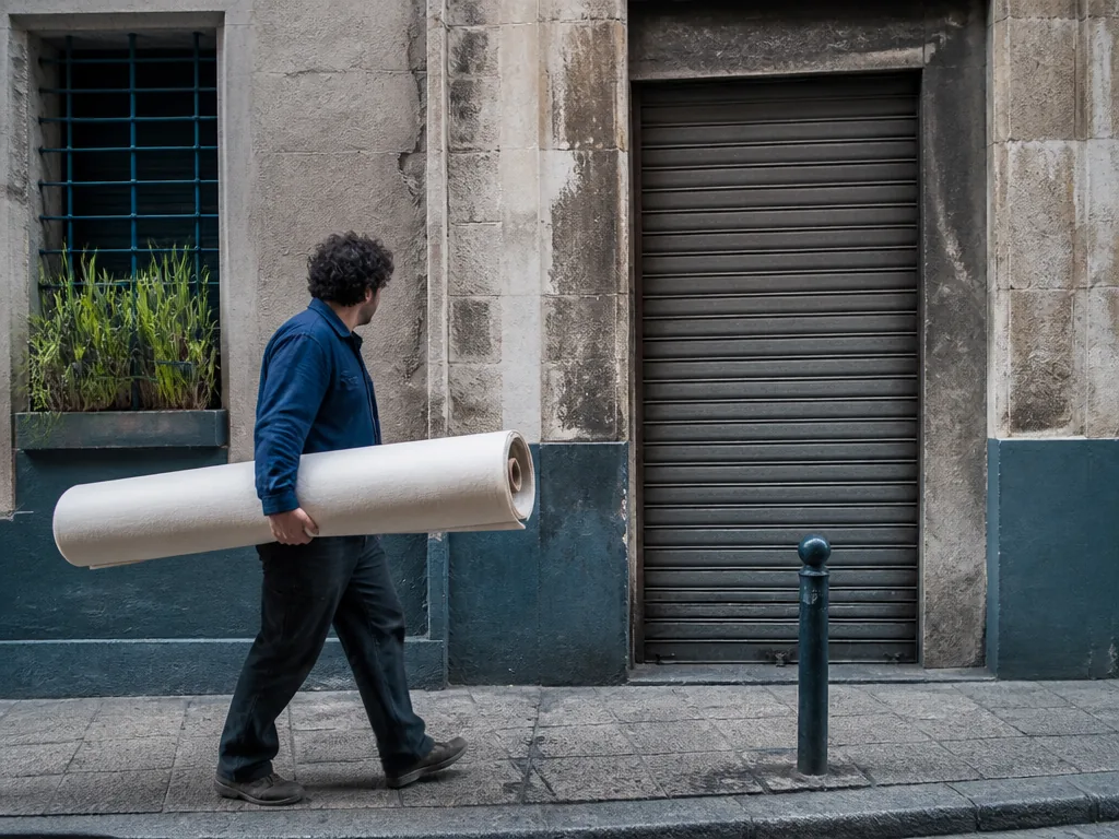 Photorealistic editorial photograph, a wide contextual view of a narrow urban street with old facades, a person carrying