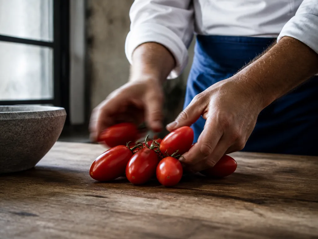 Photorealistic editorial photograph of a chef's hands gently placing ripe San Marzano tomatoes onto a wooden worktable, 