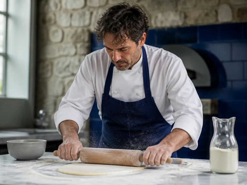 Photorealistic editorial photograph of an Italian cook rolling fresh pasta dough with a wooden rolling pin on a marble c