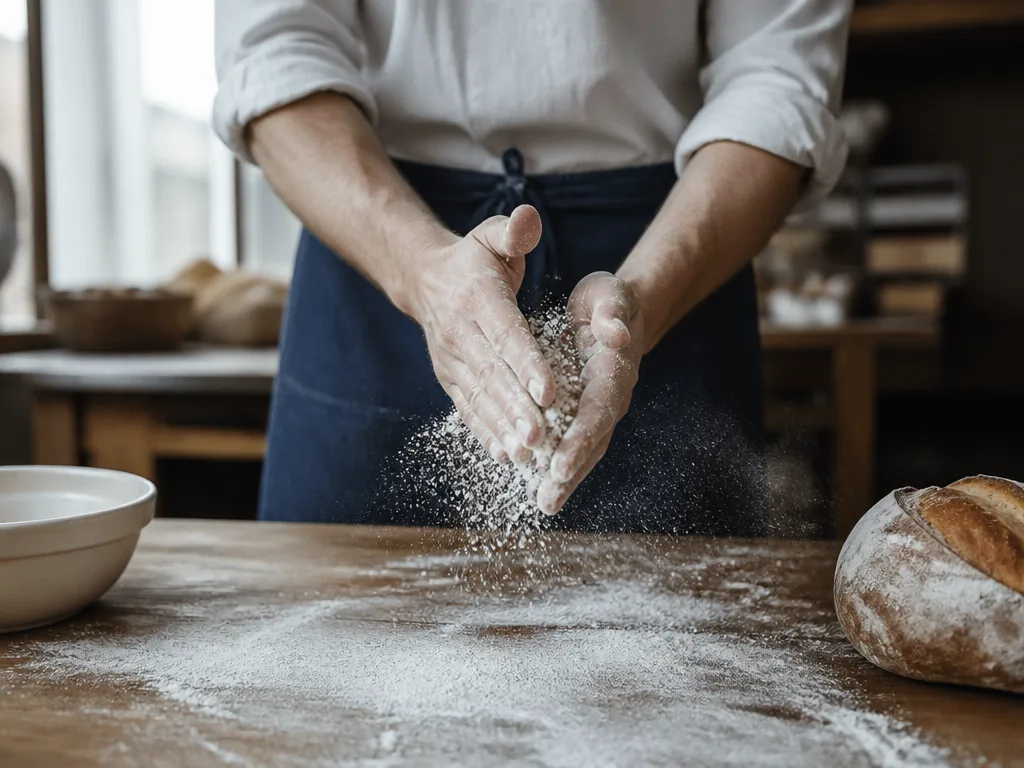 Photorealistic editorial photograph of a baker's hands dusting flour over a wooden counter, with a family-owned shop int