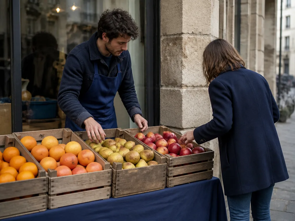 Photorealistic editorial photograph of a grocer arranging crates of fruit outside a Bordeaux shop, stone street and glas